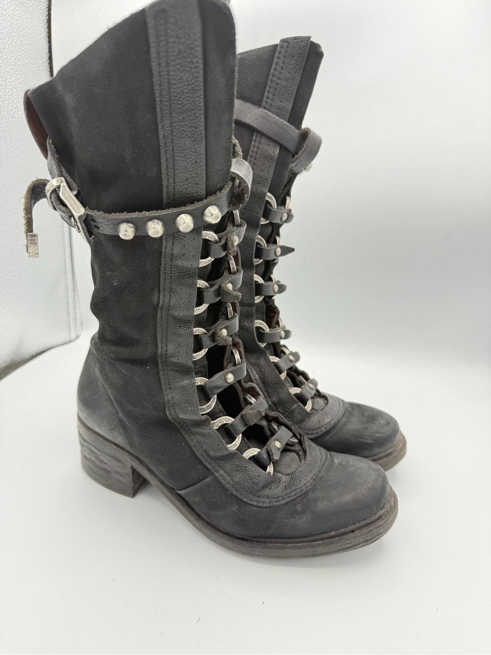 A.S.  98 Bardo Tall Black Buckle Boots Grunge Goth Leather Combat Biker - Picture 2 of 9